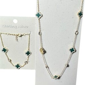 925 Sterling Silver Gold Plated Clover Necklace & Bracelet Set